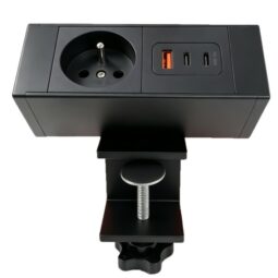 PLUG ELDESK By Elektroline noir sur pince, prise française et ports USB-A et USB-C