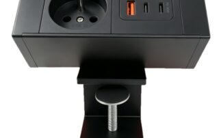 PLUG ELDESK By Elektroline noir sur pince, prise française et ports USB-A et USB-C