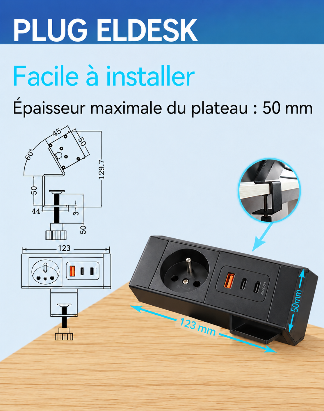 PLUG ELDESK : longueur 123 mm et fixation sur un plateau de 50 mm maximum